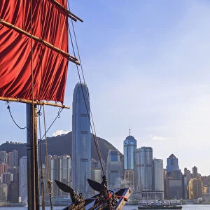 Junk boat and skyline of Hong Kong Island, Hong Kong