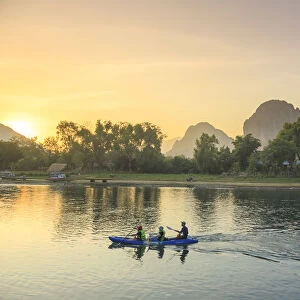 Laos, Vang Vieng. Nam Song River and Karst Landscape
