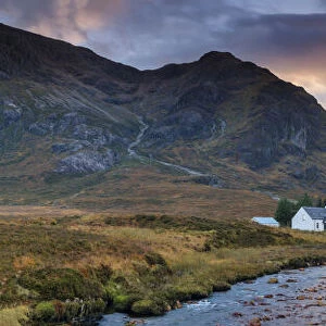 Lone White Cottage by River Coupall at Sunset, Glen Coe, Highlands, Scotland