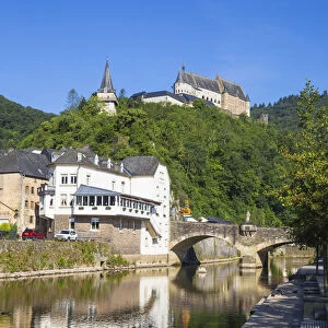 Luxembourg, Vianden, View of Vianden Castle above the town and Our River