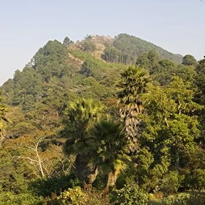 Malawi, Zomba. View from the exotic gardens of Ku Chawe Inn towards Zomba Mountain