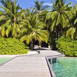 Maldives, Rasdhoo Atoll, Kuramathi Island. The reception jetty at Kuramathi Island Resort