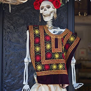 A Mexican folkloric skeleton (Calaca) in a street of Holbox, Quintana Roo, Yucatan, Mexico. It is commonly used for decoration during the Mexican Day of the Dead festival