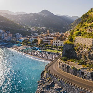 Minori and coastal road, Amalfi Coast, Gulf of Salerno, Salerno province, Campania, Italy