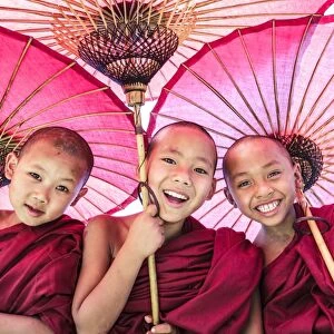 Myanmar, Mandalay division, Bagan. Portrait of three novice monks under red umbrellas