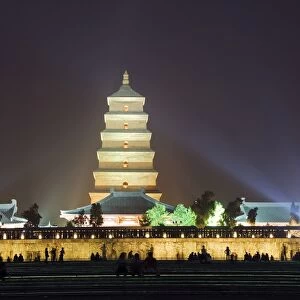 A night time water show at the Big Goose Pagoda Park