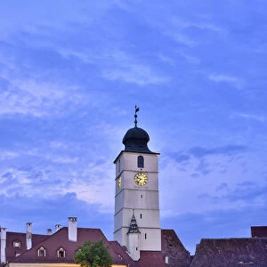 Old Town Hall Tower (Council Tower) and Piata Mica at dusk. Sibiu, Transylvania. Romania