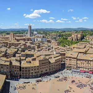 Piazza del Campo and buildings in old town, high angle view. UNESCO World Heritage Site
