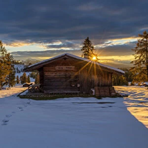 Refuge at Sunset in Fresh Snow, Trentino, South Tyrol, Dolomites, Italy