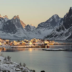 Reine fjord and its harbour in the winter morning light
