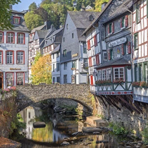 River Rur with half-timbered houses at Monschau, Eifel, North Rhine Westphalia, Germany