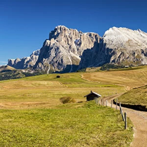 Road leading to Sassolungo and Sassopiatto, Alpe di Siusi, Dolomites, Italy