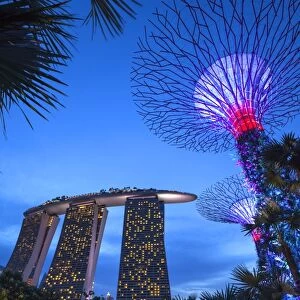 Singapore, Gardens By The Bay, Super Tree Grove and Marina Bay Sands Hotel, dusk
