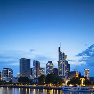 Skyline at dusk, Frankfurt, Hesse, Germany