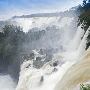South America, Brazil, Parana, the Iguazu falls in full flood and lying on the frontier