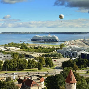 Tallinns Old Town and a cruise ship at Linnahall Harbour in the background. Tallinn