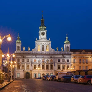 Town hall at Namesti Premysla Otakara II. at twilight, Ceske Budejovice, South Bohemian Region, Czech Republic