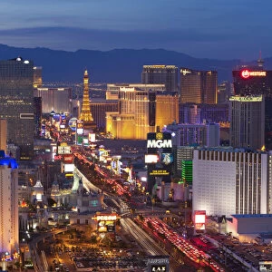 United States of America, Nevada, Las Vegas, Elevated dusk view of the Hotels