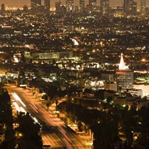 USA, California, Los Angeles, Downtown and Hollywood Freeway 101 from Hollywood Bowl Overlook