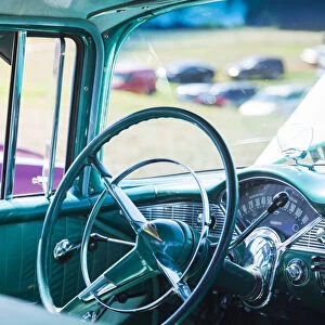 USA, Massachusetts, Cape Ann, Gloucester, antique car show, 1950s Chevrolet interior