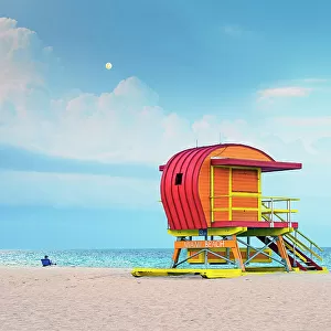 USA, Miami Beach, South Beach, Florida, Lifeguard Tower, Dusk, Full Moon