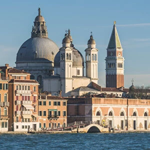 Venice, Veneto, Italy. St Marks Campanile and Salute (St Mary of Health)