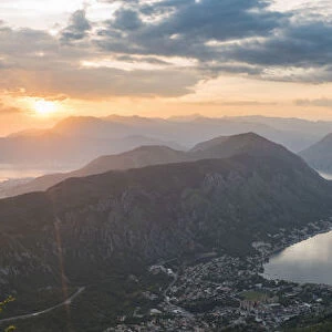 View of The Bay of Kotor at sunset, Montenegro