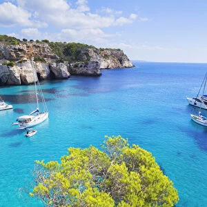 View of Cala Mitjana and sailboats, Menorca; Balearic Islands; Spain; Europe