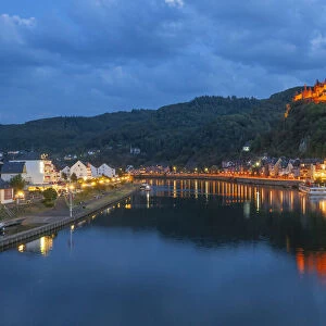 View on Cochem with Cochem castle at dusk, Cochem, Mosel valley, Rhineland-Palatinate