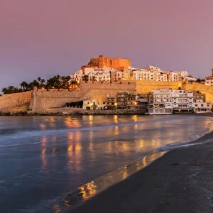View at dusk over the fortified seaport of Peniscola, Comunidad Valenciana, Spain