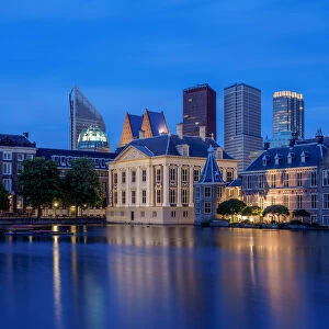 View over Hofvijver towards Mauritshuis Art Museum and City Center, twilight, The Hague