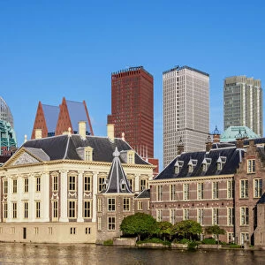 View over Hofvijver towards Mauritshuis Art Museum and City Center, The Hague, South