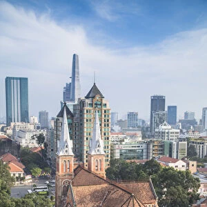 View of Notre Dame Cathedral and city skyline, Ho Chi Minh City, Vietnam