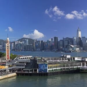 View of Star Ferry Terminal and Hong Kong Island skyline, Hong Kong, China