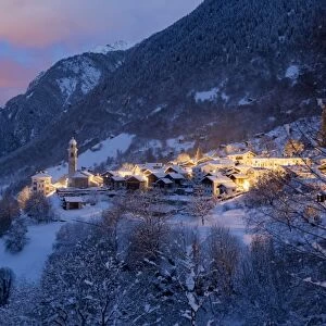 The village of Soglio by nigth after a heavy snowfall, val Bregaglia, Grisons, Switzerland