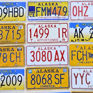 Wall decorated with License plates, Fairbanks, Alaska, USA