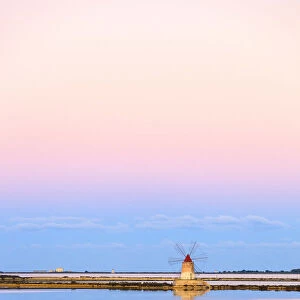 Windmill in the salt flats, Saline dello Stagnone, Marsala, province of Trapani, Sicily