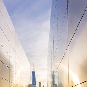 Woman walking through the Empty skies 9 / 11 memorial in Liberty state park, New York, USA