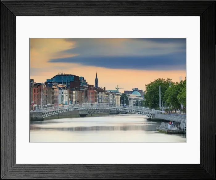 Framed Print : Europe, Dublin, Ireland, Half Penny bridge at sunset reflecting in the Liffey river Framed Print : Europe, Dublin, Ireland, Half Penny bridge at sunset reflecting in the Liffey river