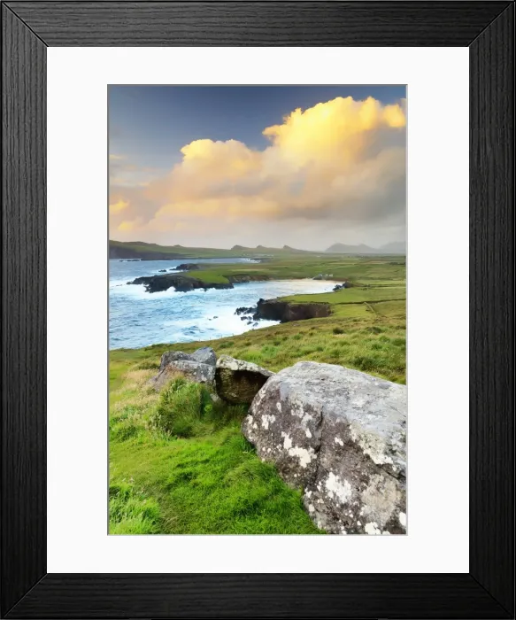 Framed Print : Europe, Ireland, sunset view over Ballyferriter Bay, Sybil Point and the peaks of the Three Sisters Framed Print : Europe, Ireland, sunset view over Ballyferriter Bay, Sybil Point and the peaks of the Three Sisters
