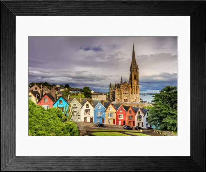 Framed Print : Europe, European, Ireland, Northern Europe; Cobh Cathedral and houses at sunset Framed Print : Europe, European, Ireland, Northern Europe; Cobh Cathedral and houses at sunset
