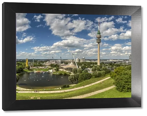 Panoramic view over the Olympic stadium and the Olympic tower or Olympiaturm, Olympiapark
