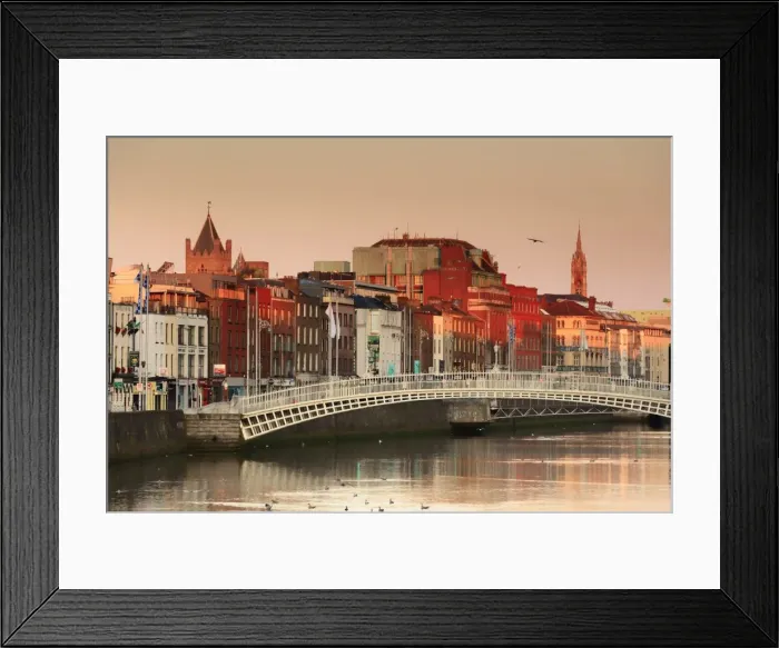 Framed Print : Europe, Dublin, Ireland, Halfpenny bridge at sunrise with buildings reflecting in Framed Print : Europe, Dublin, Ireland, Halfpenny bridge at sunrise with buildings reflecting in