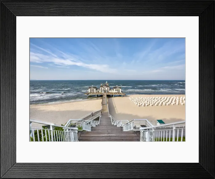 Framed Print : Pier, beach and beach baskets, Sellin, Rugen Island, Mecklenburg-Western Pomerania Framed Print : Pier, beach and beach baskets, Sellin, Rugen Island, Mecklenburg-Western Pomerania