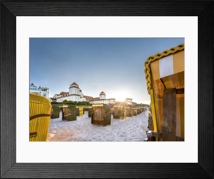 Framed Print : Beach baskets and Kurhaus at sundown, Binz, Rugen Island, Mecklenburg-Western Pomerania