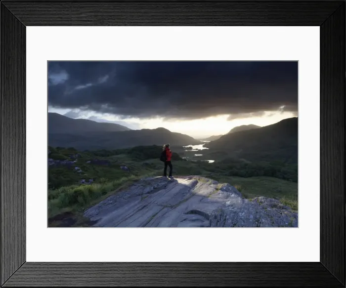 Framed Print : Europe, Ireland, ring of Kerry, Kerry county, woman alone at Ladys view viewpoint before sunrise
