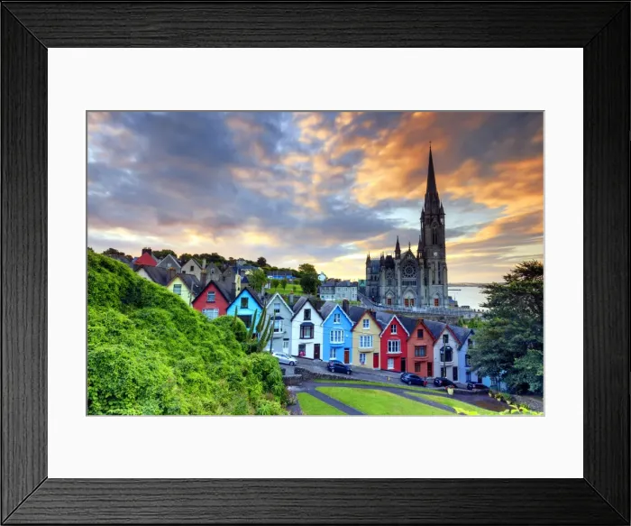 Framed Print : Europe, Ireland, Cork, Cobh Cathedral at colored houses at sunrise Framed Print : Europe, Ireland, Cork, Cobh Cathedral at colored houses at sunrise