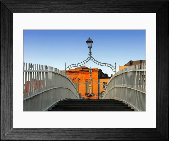 Framed Print : Europe, Dublin, Ireland, Halfpenny bridge at sunrise with buildings reflecting in Framed Print : Europe, Dublin, Ireland, Halfpenny bridge at sunrise with buildings reflecting in