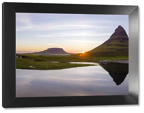 Aerial drone view of mount Kirkjufell at sunset, Snaefellsnes peninsula, Iceland
