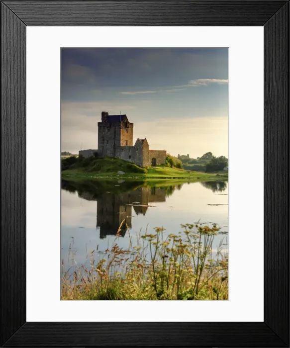 Framed Print : Europe, Ireland, Dunguaire castle at sunrise in Kinvara village reflecting in Framed Print : Europe, Ireland, Dunguaire castle at sunrise in Kinvara village reflecting in